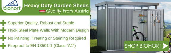 A clickable banner that advertises the Biohort brand of metal sheds, showing a grey metal shed installed in a garden.