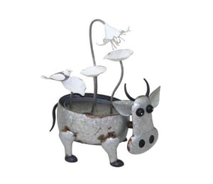 Metal Cow with Flowers Water Feature