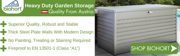 A clickable banner that advertises the Biohort brand of metal garden storage, showing a grey metal storage box installed in a garden.