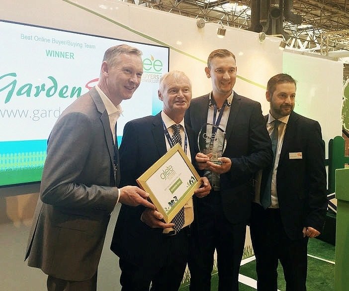 Andrew Hall, David Hall and David Coton receiving Best Online Garden Retail Buying Team at Glee 2016