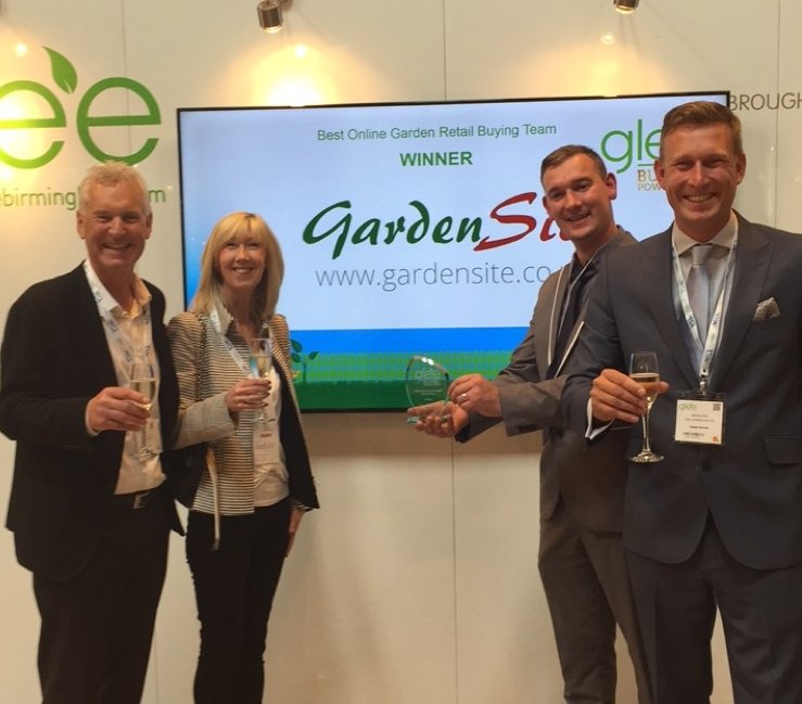 Robert Hall, Kay Hall and David Coton receiving Best Online Garden Retail Buying Team at GLEE 2015