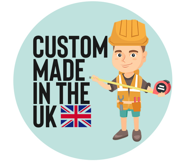 custom made in the UK logo, animated hard hat wearing measuring man