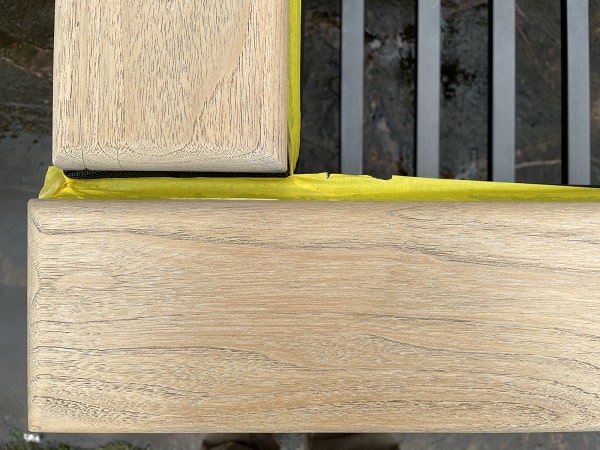 A close up view after using Barlow Tyrie's teak cleaner.
