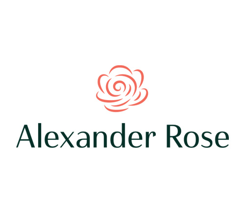 Alexander Rose Logo featuring a red rose outline.