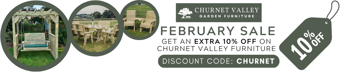 Banner advertising 10% off Discount Code: CHURNEY for Churnet Valley garden furniture.